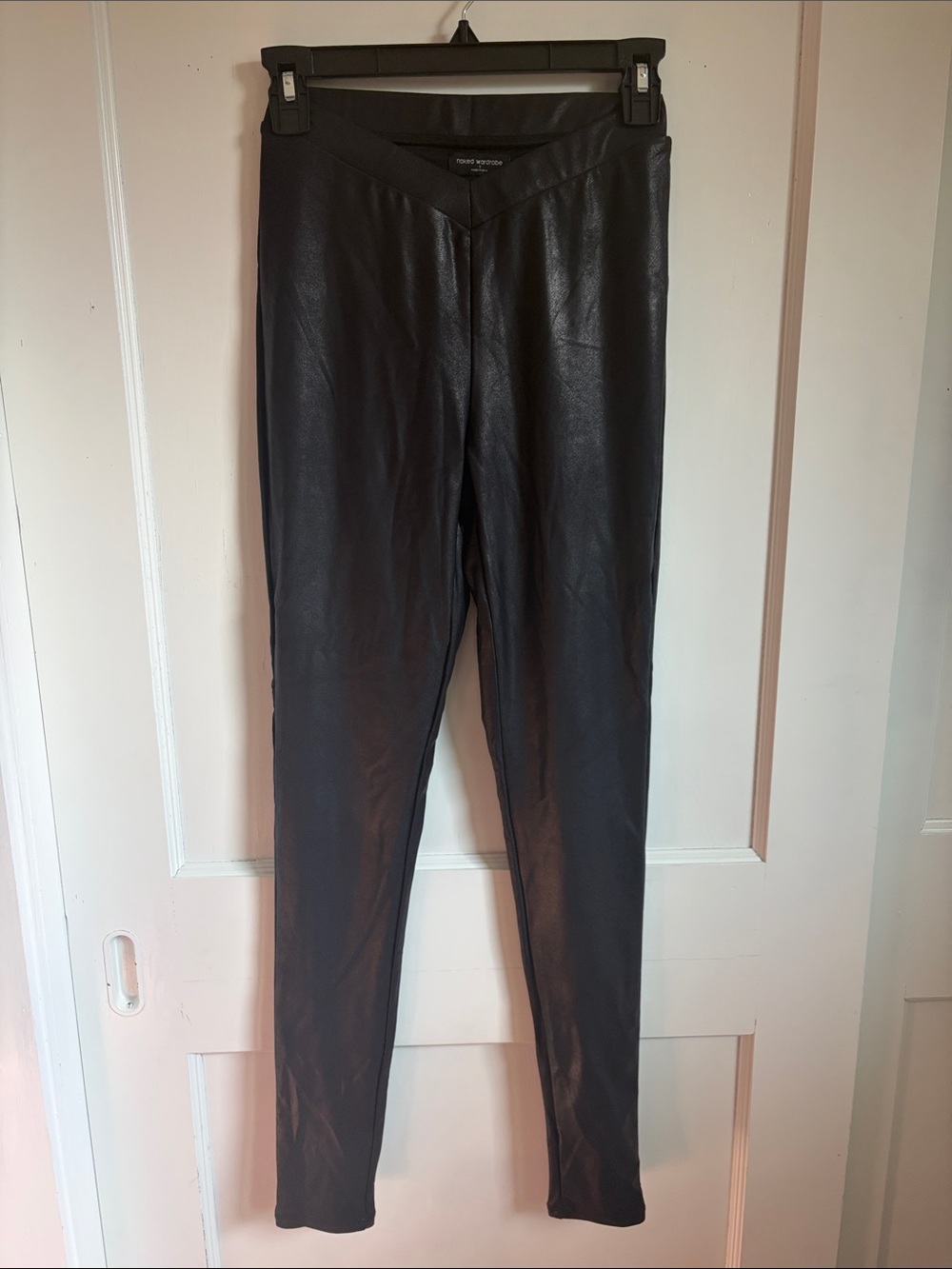 naked wardrobe Black Faux Leather V-Waist Leggings - NWOT